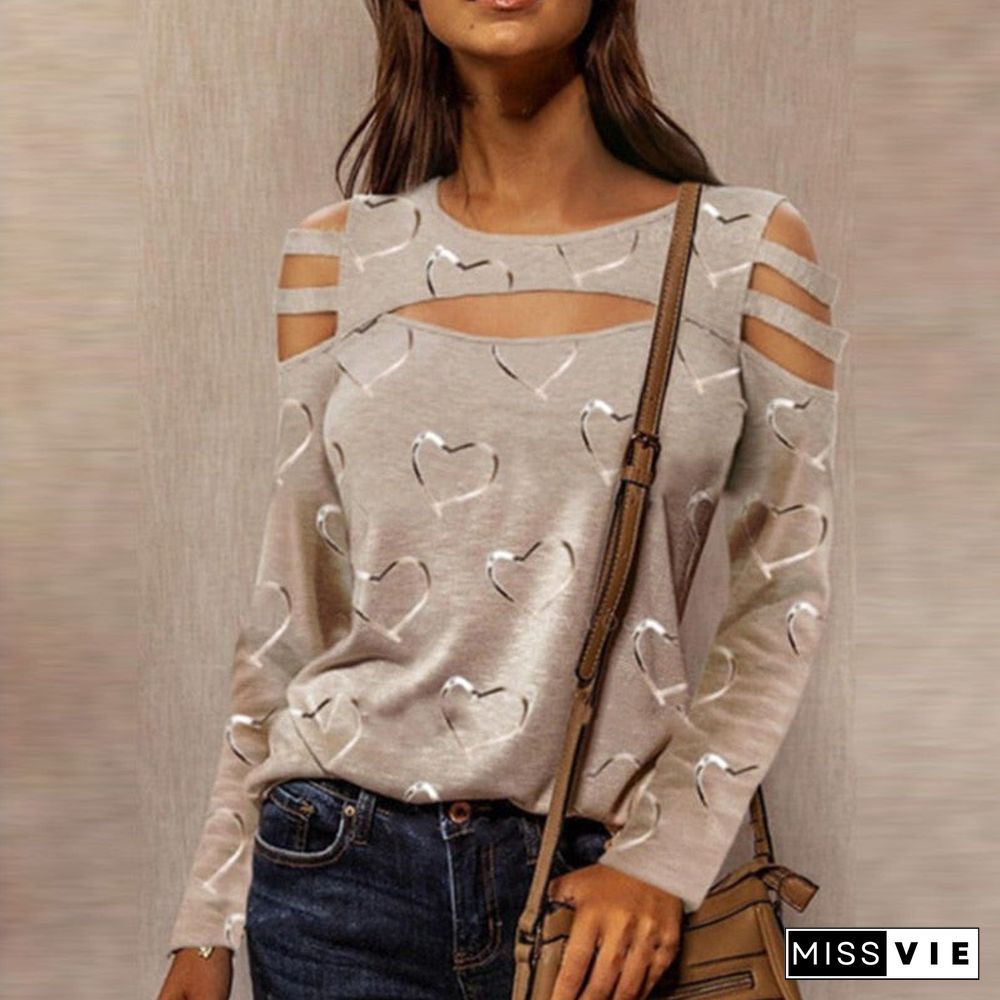 Casual Heart Print Women Blouses Shirts Elegant Spring V Neck Loose Pullover Tops Fashion Hollow Out Long Sleeves Blusa 3Xl