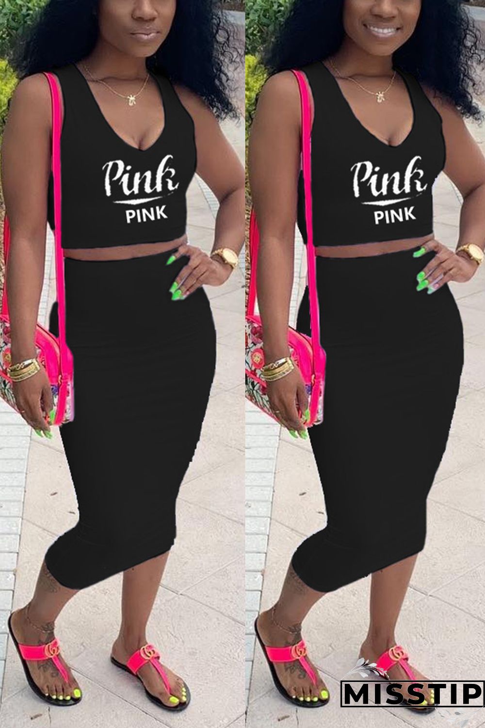 Blue Fashion Casual Printed Sleeveless Top Set