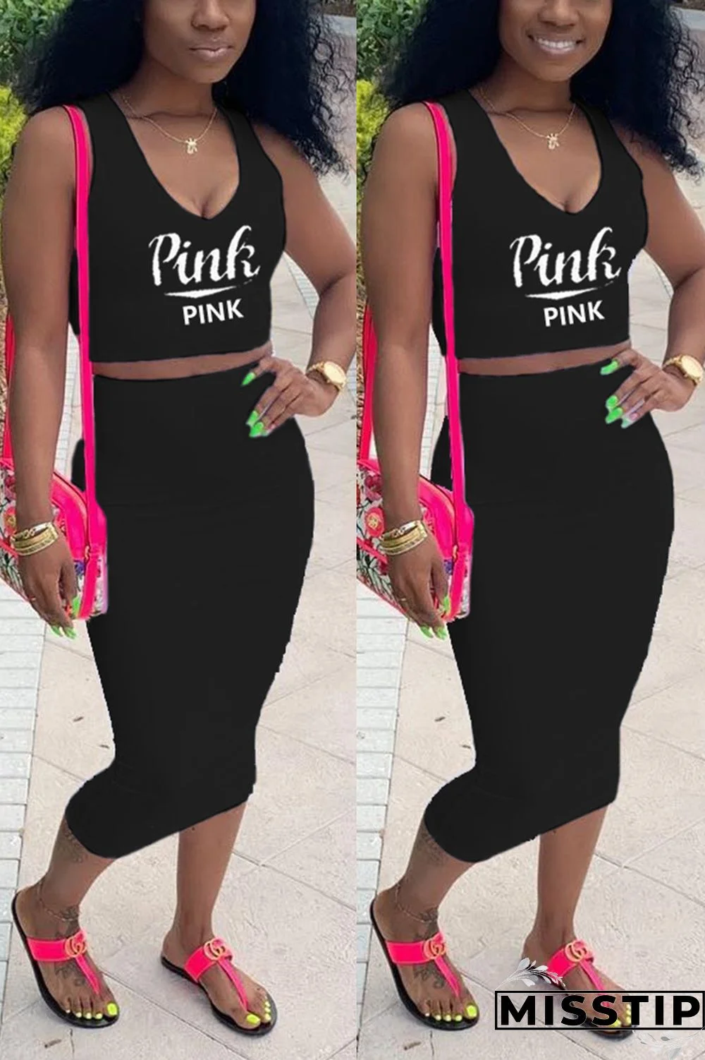 Blue Fashion Casual Printed Sleeveless Top Set