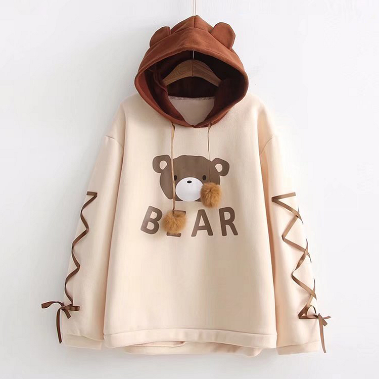 Bear Ears Lace-Up Sleeves Hoodie