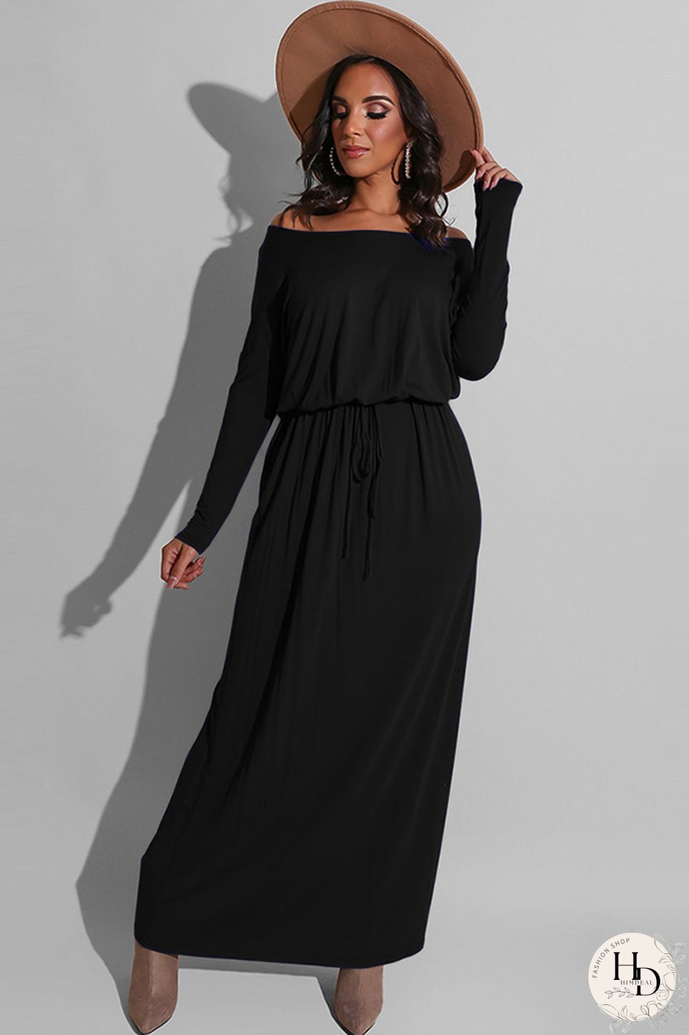 Blue Milk. Celebrities Off The Shoulder Long Sleeves One word collar Step Skirt Ankle-Length Solid