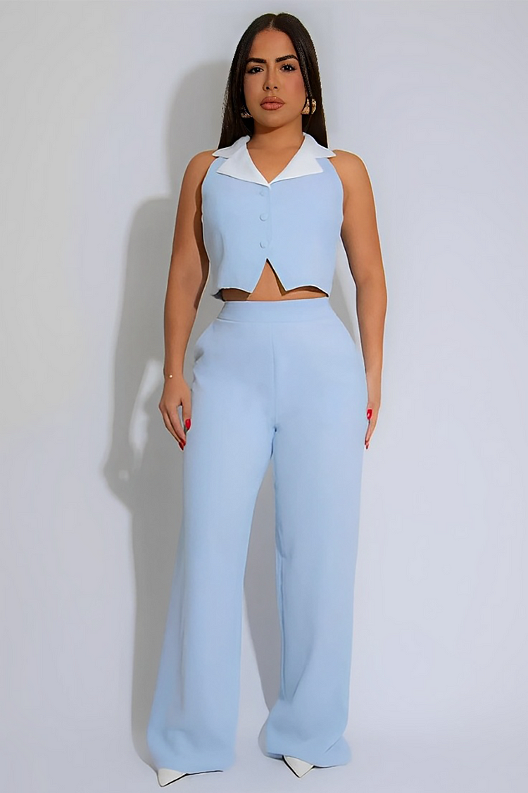 Colorblock Notch Collar Slit Crop Vest High Waist Wide Leg Pants 2pcs Set-Blue