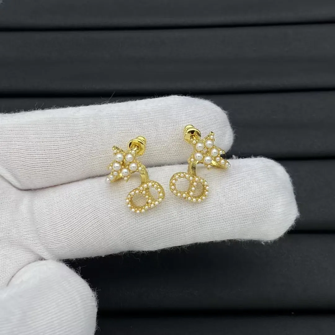 Dior Pearl Paved Star CD Drop Earrings