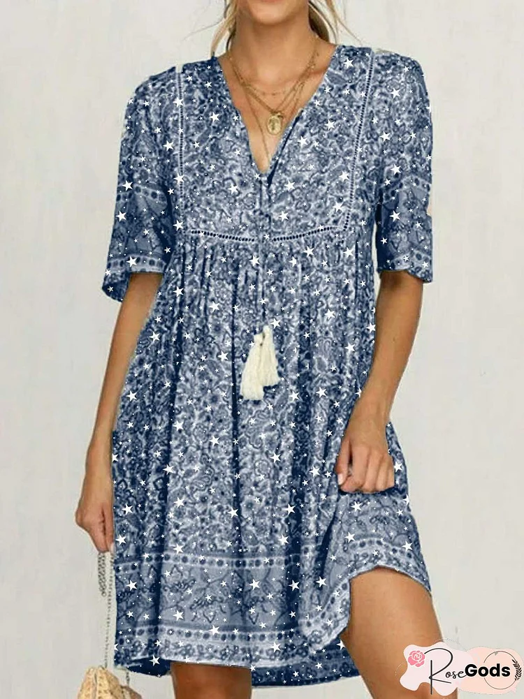 Blue Cotton Printed Short Sleeve Patchwork Dress