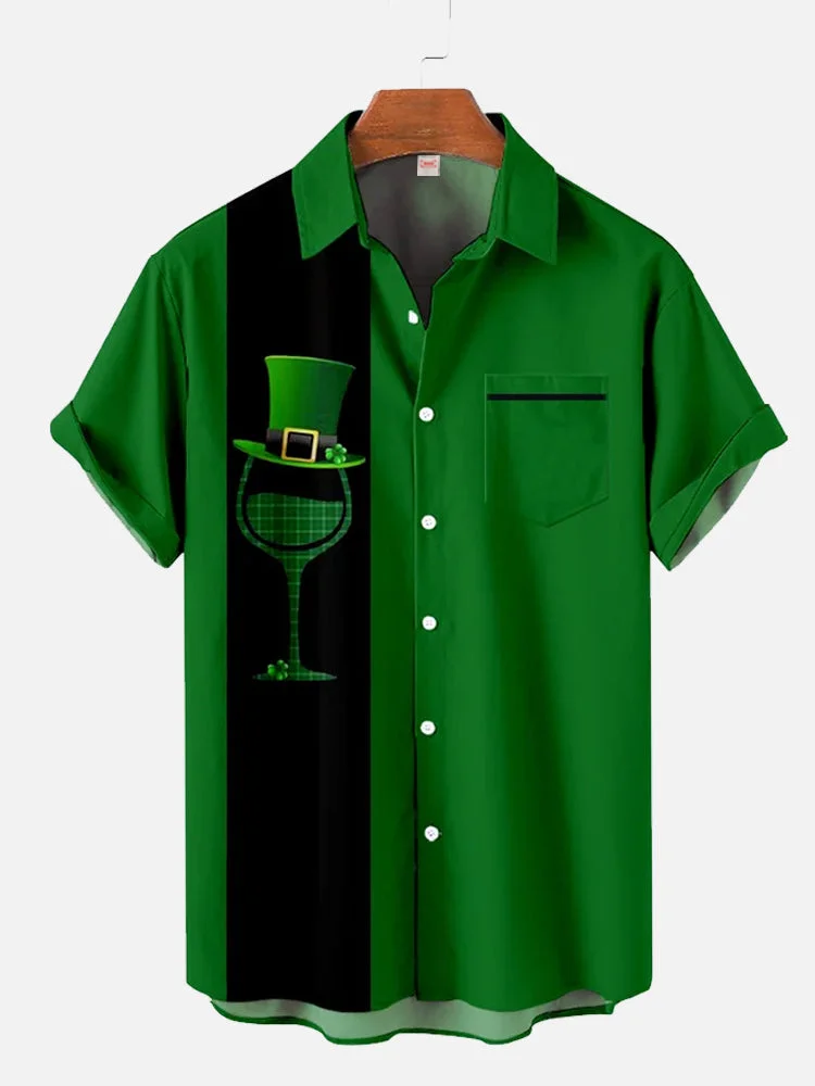 Green And Black Stitching St Patrick’s Day Gnome's Hat Printing Breast Pocket Short Sleeve Shirt