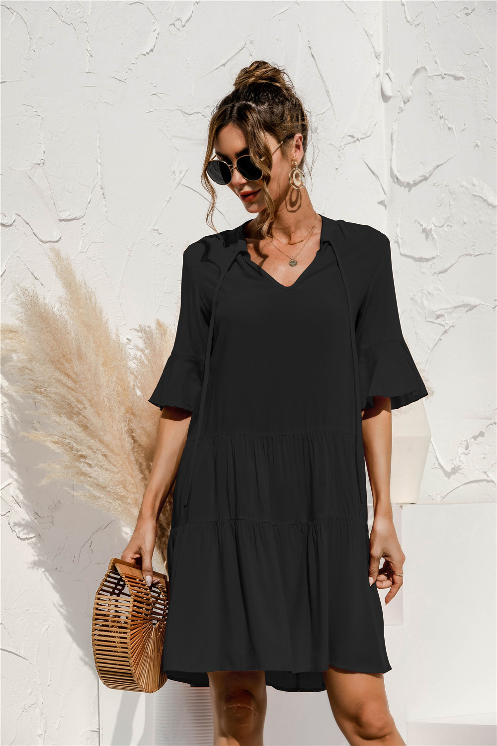 Mature Women Summer V-neck Fit And Flare Cake Stitching Dress
