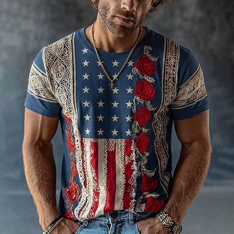  Men's Vintage Flag And Floral Pattern Contrast Patchwork Art T-shirt Westsshops