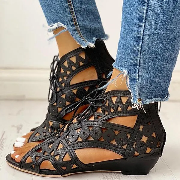Hollow Out Lace-Up Pu Wedge Sandals