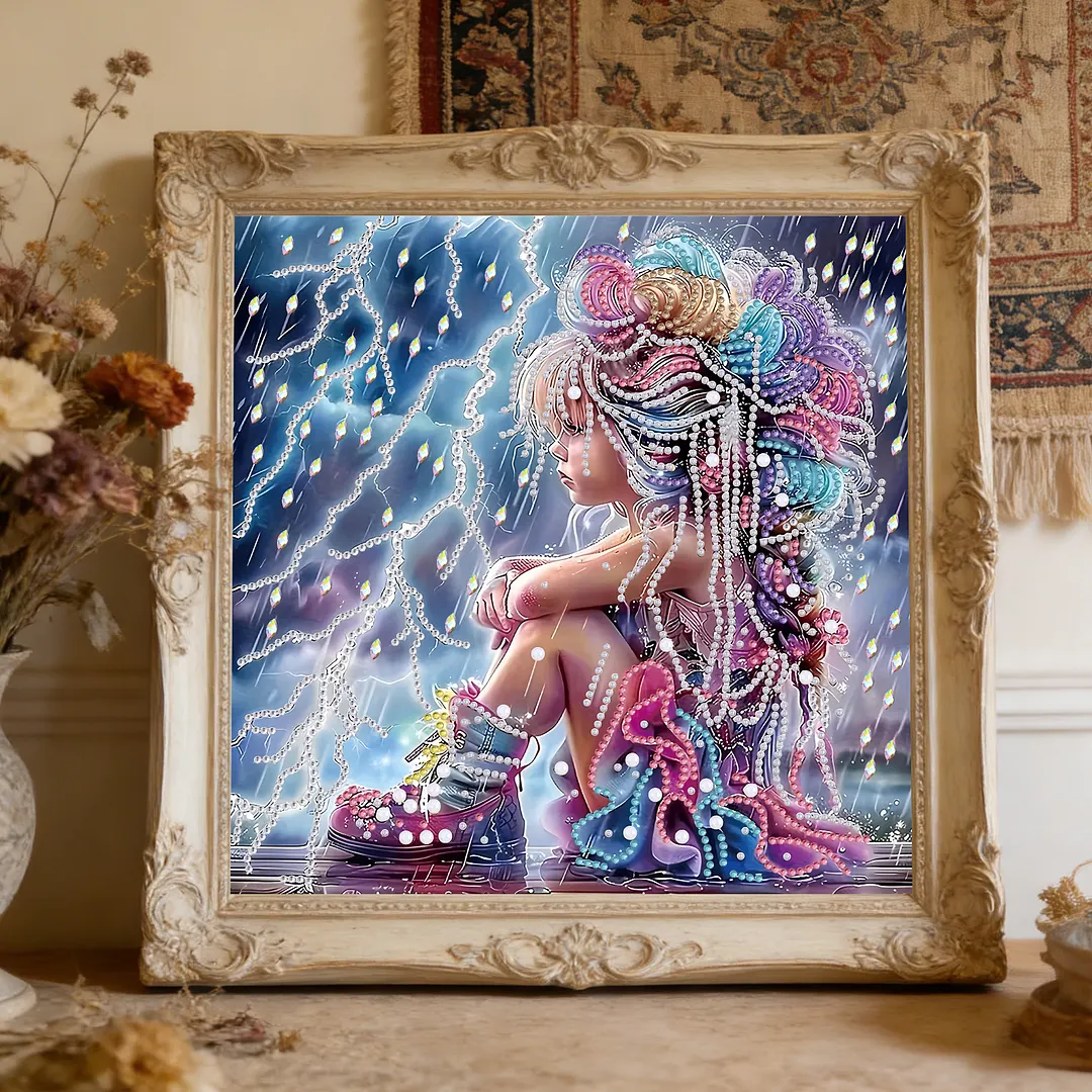 Rainy Beaded Girl Special Shaped 5D DIY Partial Drill Diamonds Dots Gem Art Kits for Adults Beginners Home Decor Diamond Dots Paintings Diamonds Paintings Gem Art 11.81 X11.81inch