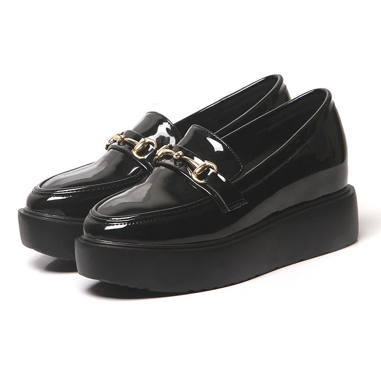 Black Patent Leather Square Toe Vintage Platform Loafers Vdcoo