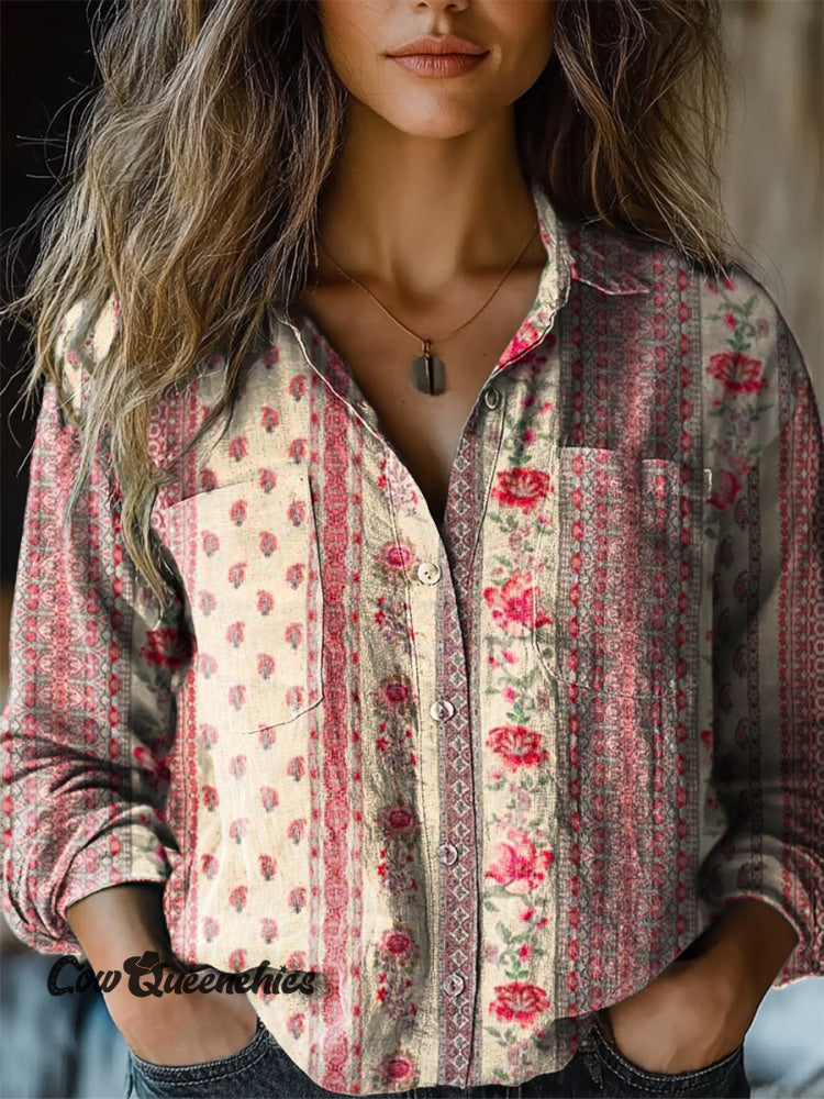 Women’s Vintage Floral Print Casual Long Sleeve Comfortable Cotton Shirt Multicolor / S