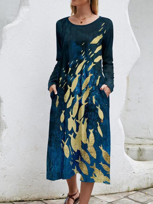 Women Long Sleeve Scoop Neck Animal Print Graphic Dress