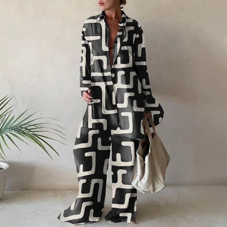 Casual Geometric Blouse Two Piece Set