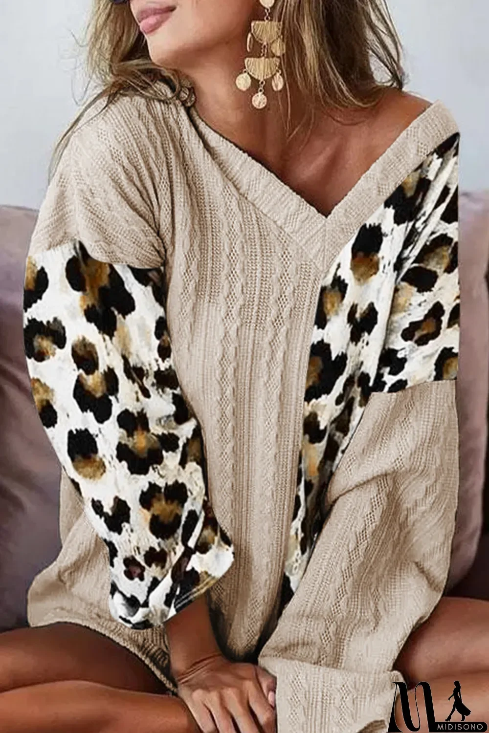 MidiSono - Khaki Asymmetric Leopard Patchwork Wide Sleeve V Neck Sweater