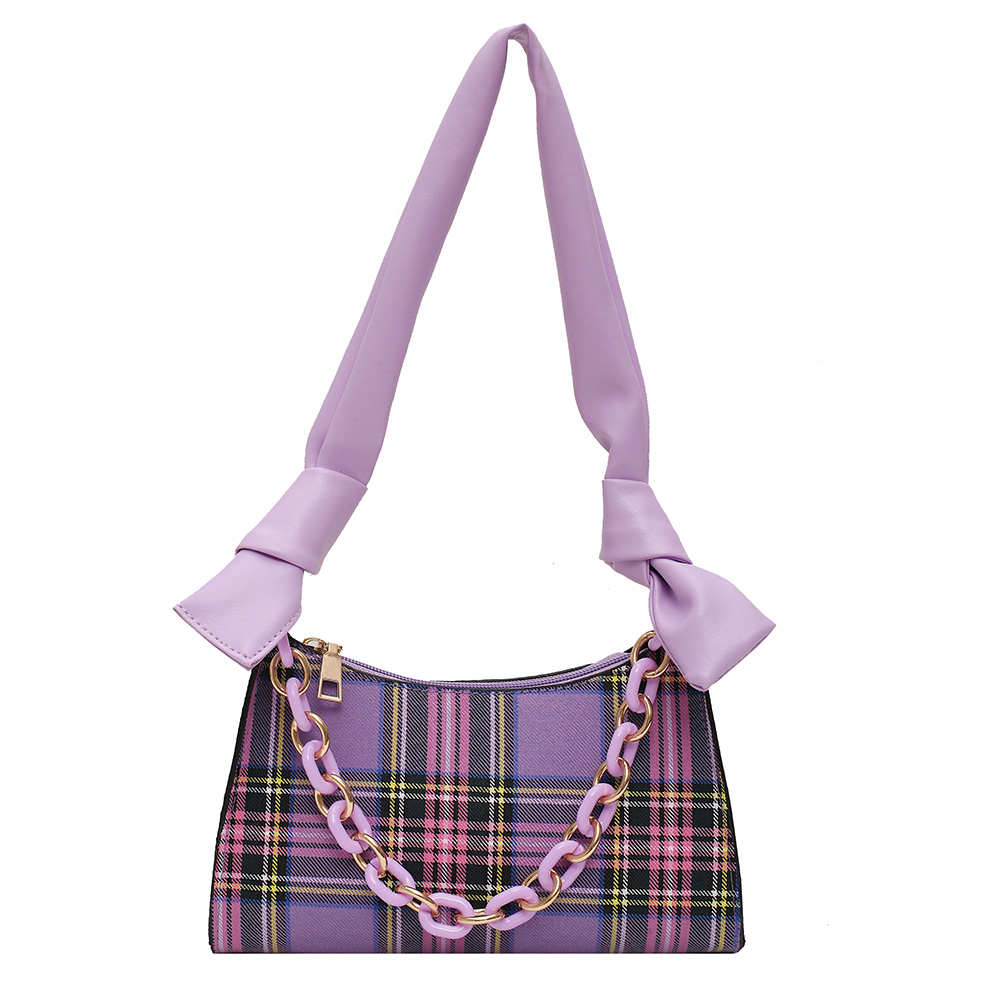 

Retro Plaid Handbag Tote Tie Knot Chain Lady PU Underarm Shoulder Bag, Purple, 501 Original