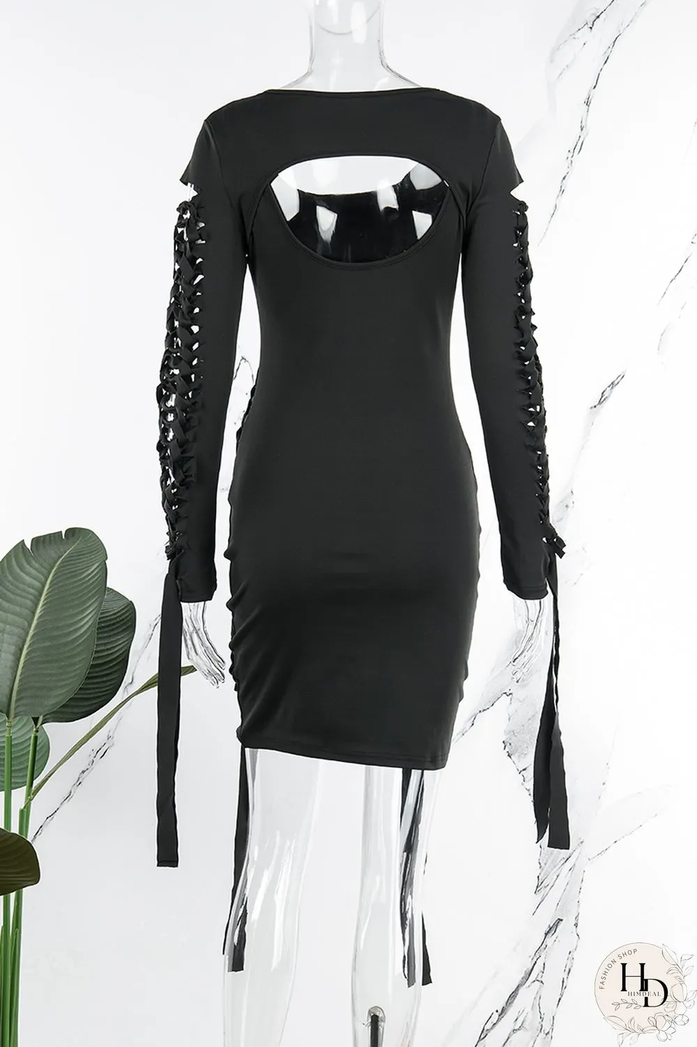 Rose Red Sexy Casual Solid Hollowed Out O Neck Long Sleeve Dresses