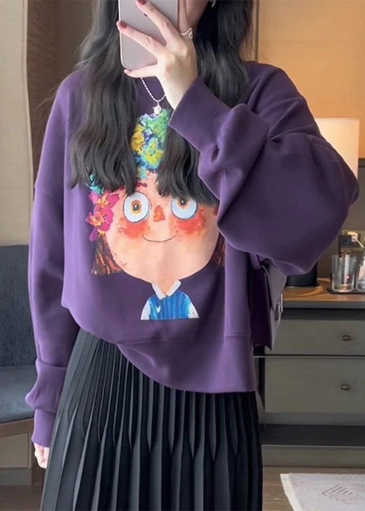 Chic Purple Print Fleece Sweatshirt Long Sleeve
