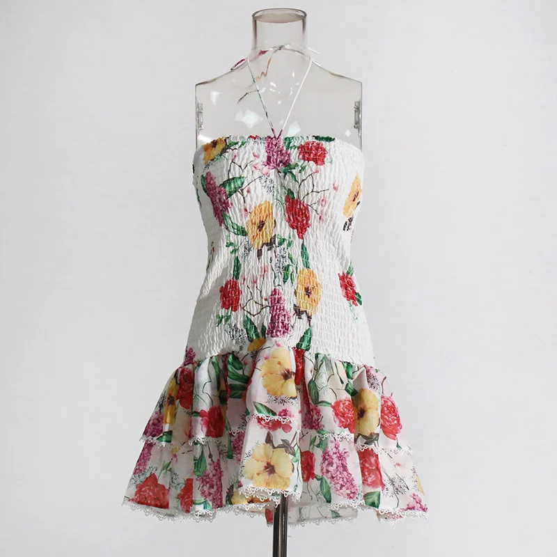 Zingj Holiday Style Slim Hanging Neck Bag Hip Dress 2025 Summer New Design Printing Folds Short Dress Woman