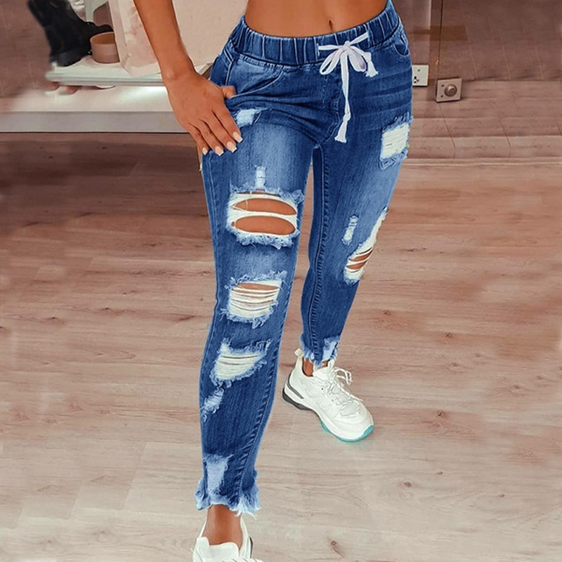 Vintage Blue Ripped Jeans Women Elastic Waist Drawstring Pencil Denim Jeans Office Lady Holes High Waist Trousers 30671