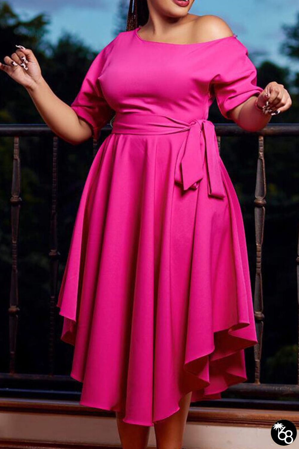 Rose Red Casual Solid Bandage Patchwork Oblique Collar A Line Dresses | 168DEAL