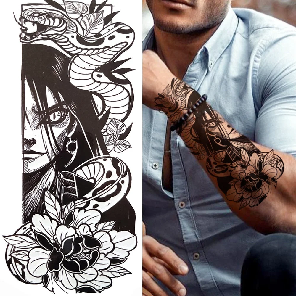 Sexy Rose Lion Flower Temporary Tattoos For Women Men Kids Boys Realistic Fake Wolf Tattoo Sticker Black Cross Compass Tatoos 515
