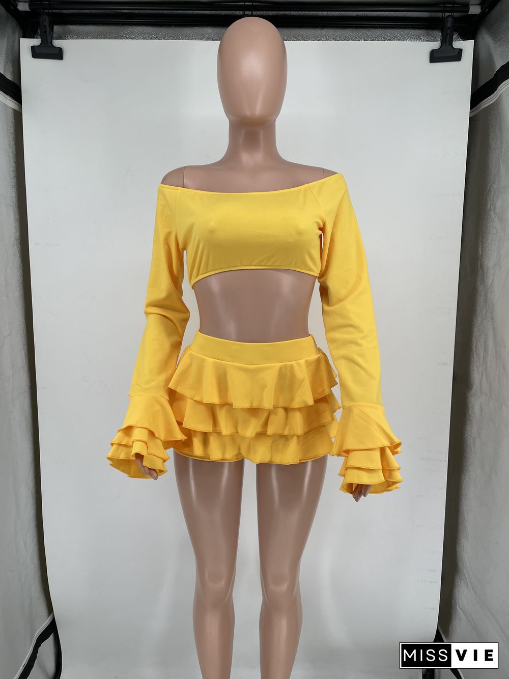 Sexy Off Shoulder Crop Tops Ruffle Mini Skirt Sets