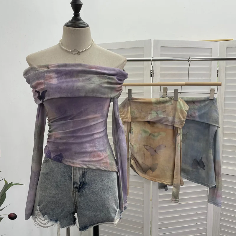 Uveng Real Shooting Design Dizzling A Word On The Shoulder Of The Women's Net Exposed Shoulder Long Sleeves Irregularly Folded Short T-Shirt 1198