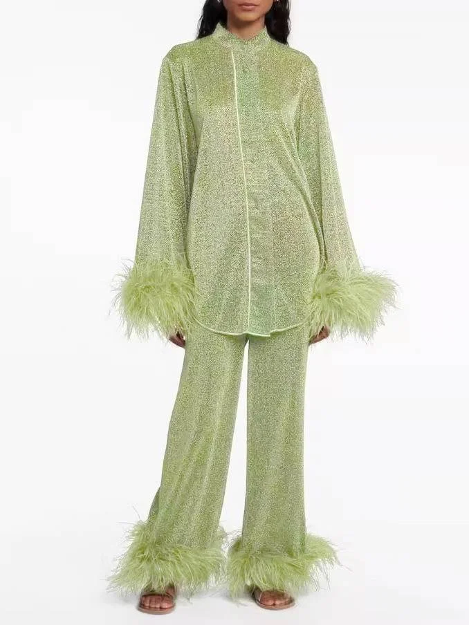 Feather Stand Collar Shirt Wide-leg Pants Suit