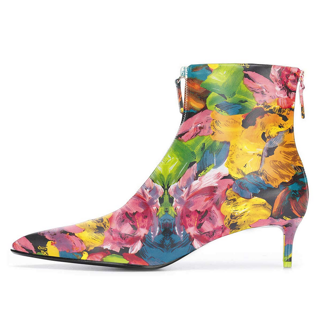 Multicolor Floral Print Booties Pointed Toe Kitten Heel Ankle Boots Nicepairs