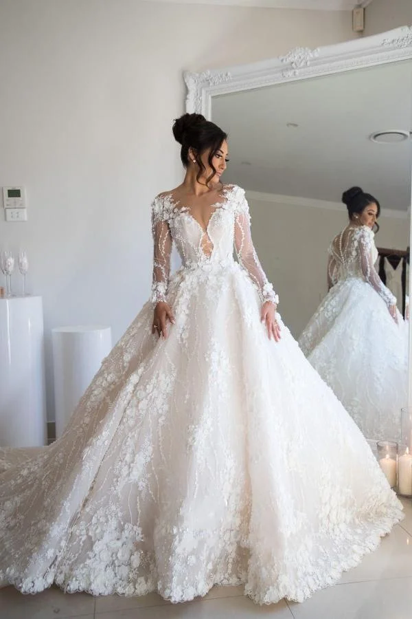 Glamorous A-line Sweetheart Open Back Long Sleeves Wedding Dress With Tulle Lace | Ballbellas Ballbellas