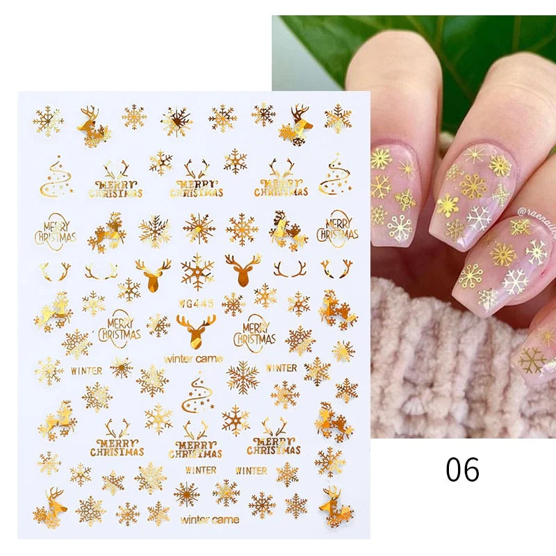 Winter Xmas Nail Art Sticker Gold Sliver Red 3D Bronzing Christmas Elk Santa Snowflake Rabbit Cartoon Slider Design Polish Decor-Nail Inspo