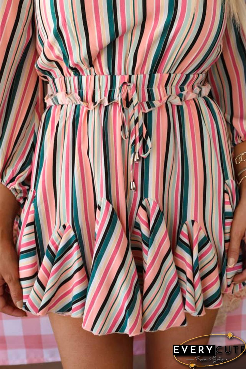 Striped Print Ruffled Lace-up High Waist Mini Dress