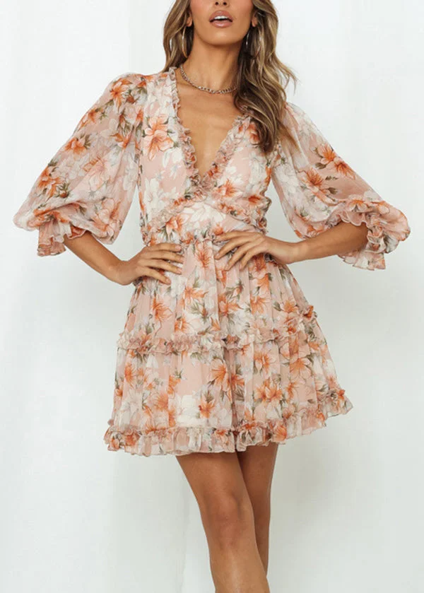 Classy Yellow Ruffled Puff Sleeve Print Chiffon Dresses