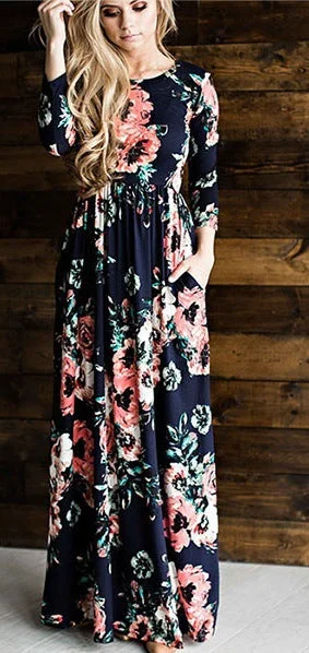 Uveng Summer Round Neck Flowers Print Long Sleeve Dress