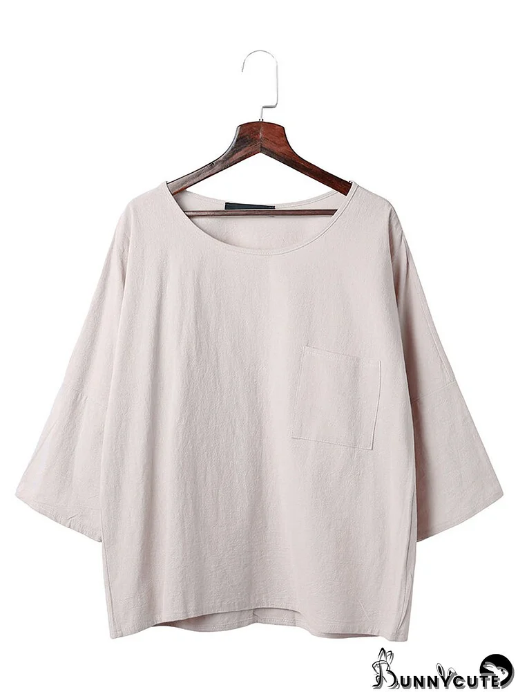 Casual Women Mori Pocket O-Neck 3/4 Sleeve Loose Blouse