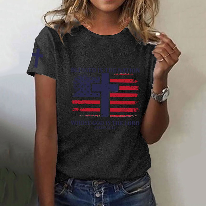  Women's Blessed Nation Psalm 33:22 4th of July Printed Casual T-Shirt Westsshops