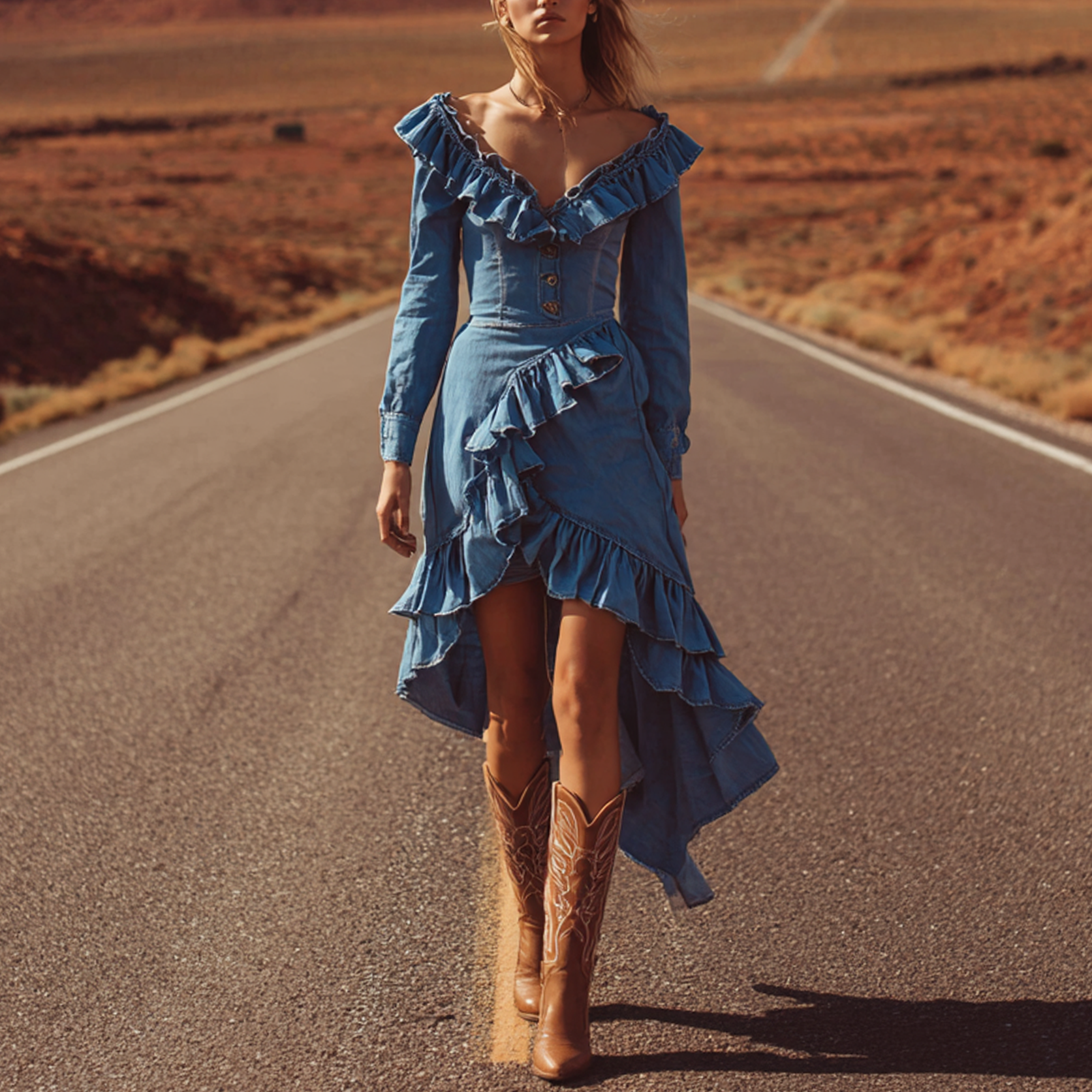 Women's Vintage Denim Ruffle Dress With Cowboy Boots: A Western Chic Look