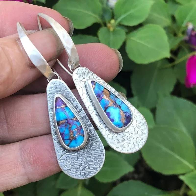 Ethnic Water Droplets Blue Green Stone Boho Earrings Silver Color Metal Carving Branches Flower Dangle Earrings for Women