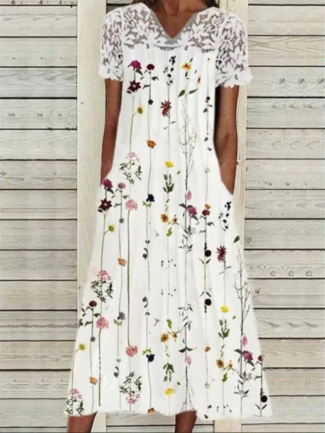 Women's White Short Sleeve V-neck Graphic Floral Printed Lace Midi Dress