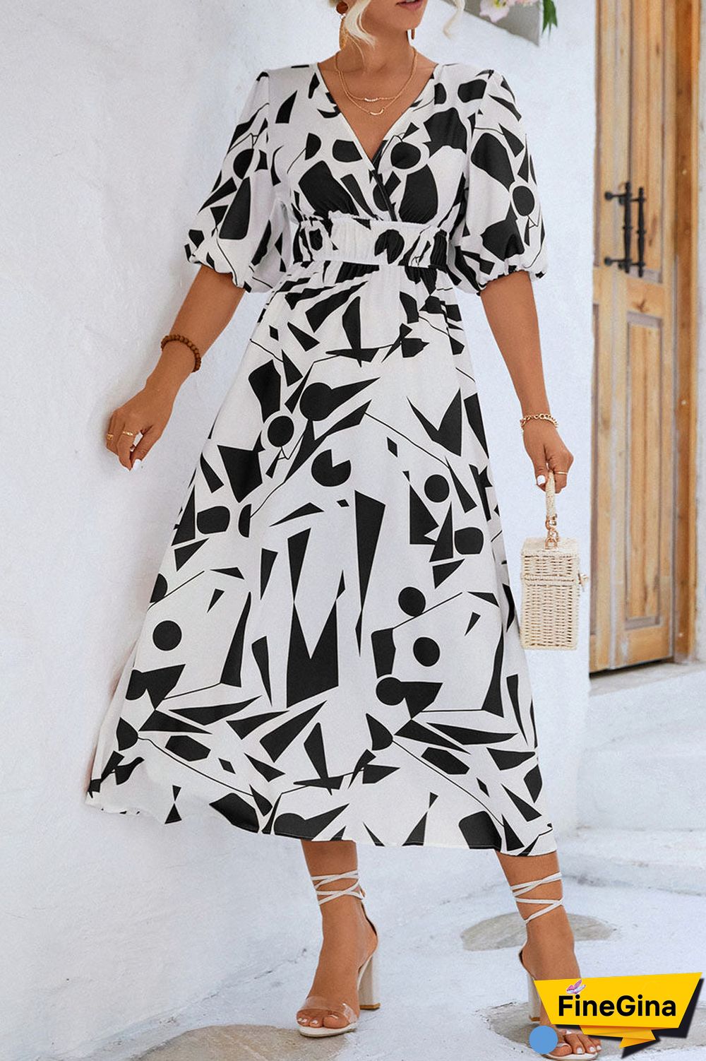 Print V Neck Beach Bubble Sleeve Midi Dress
