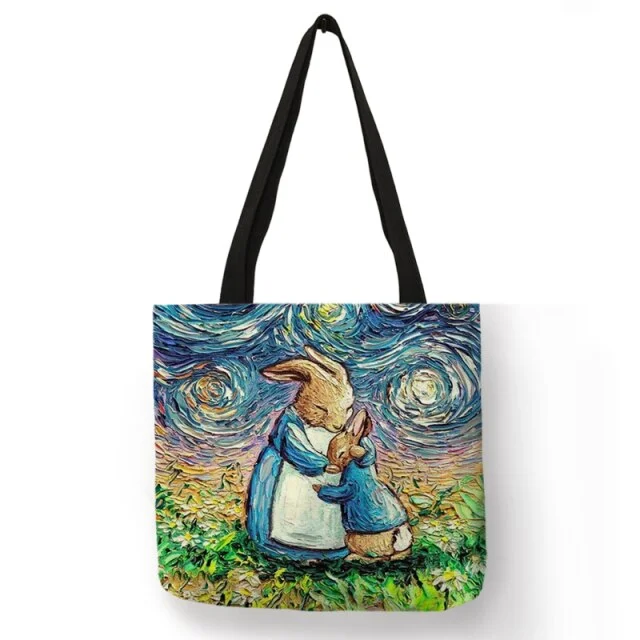 Linen Eco-friendly Tote Bag -  Van Gogh/Starry Sky Animal Dog