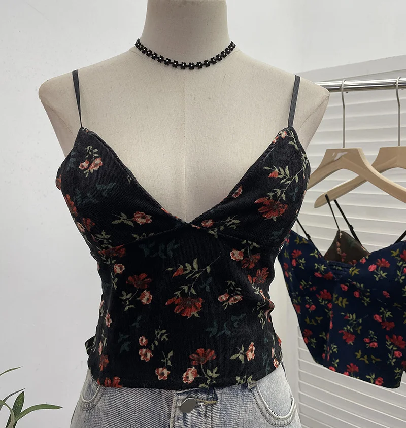 Uveng Real Shooting Hottie Deep V-Neck Broken Flower Short-Sized Hong Kong Wind Sling Female Wear With Chest Cushion Small Waistcoat Sleeveless Top 1727