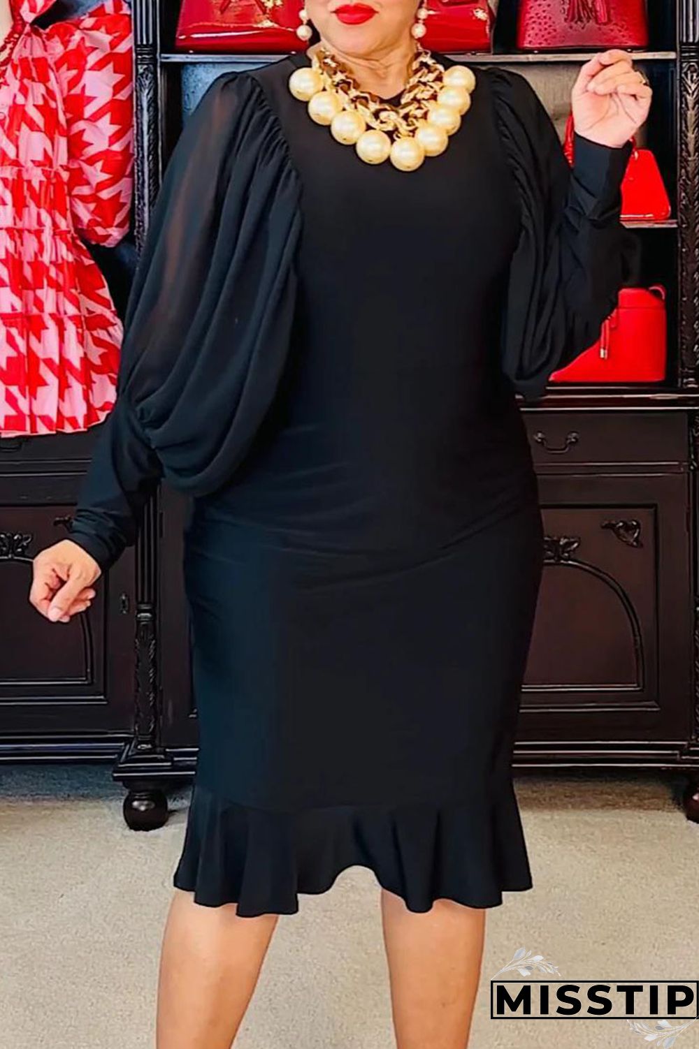 Black Casual Solid Patchwork O Neck Princess Dresses