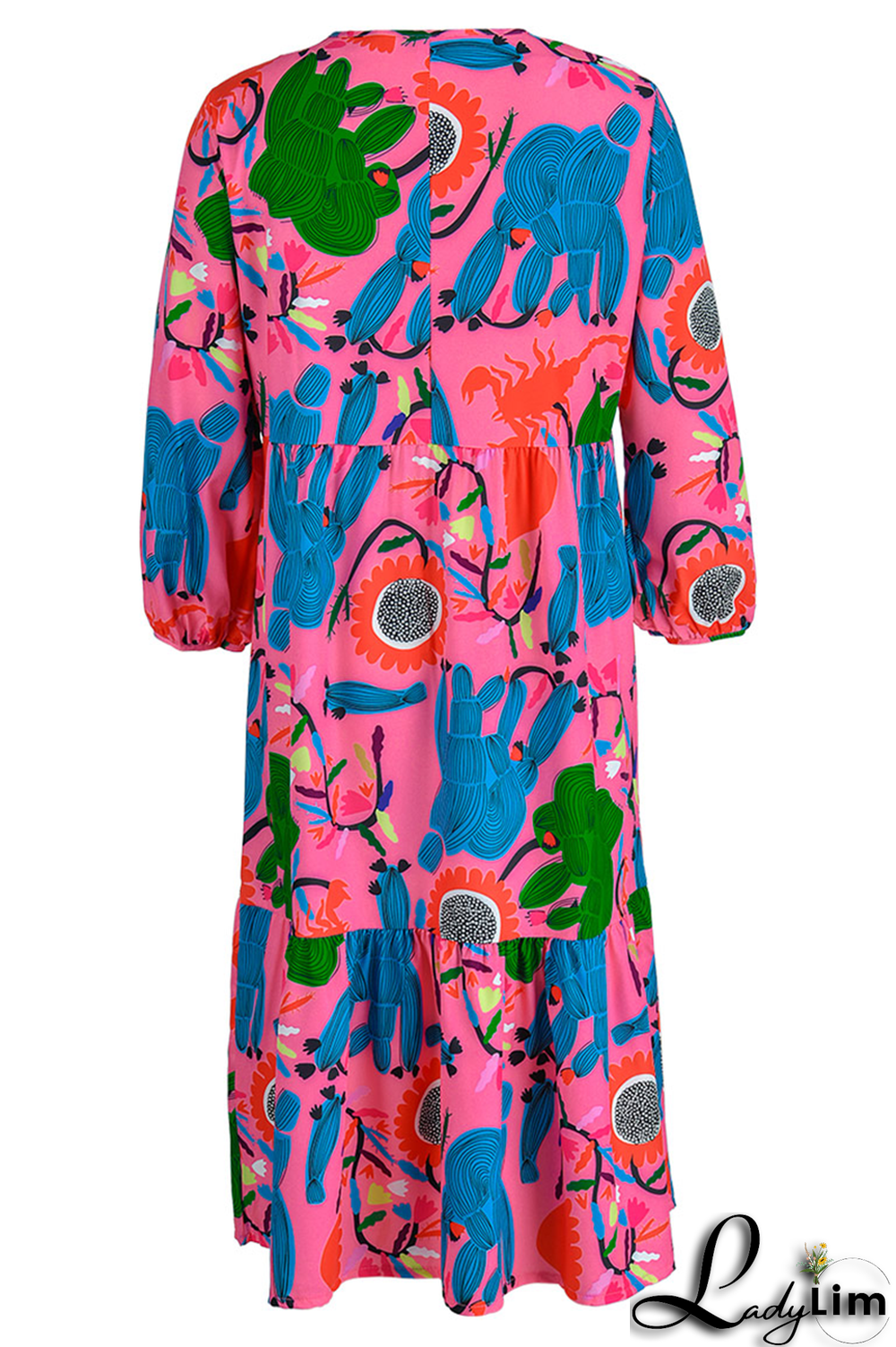 Rose Red Casual Print Draw String O Neck Cake Skirt Dresses