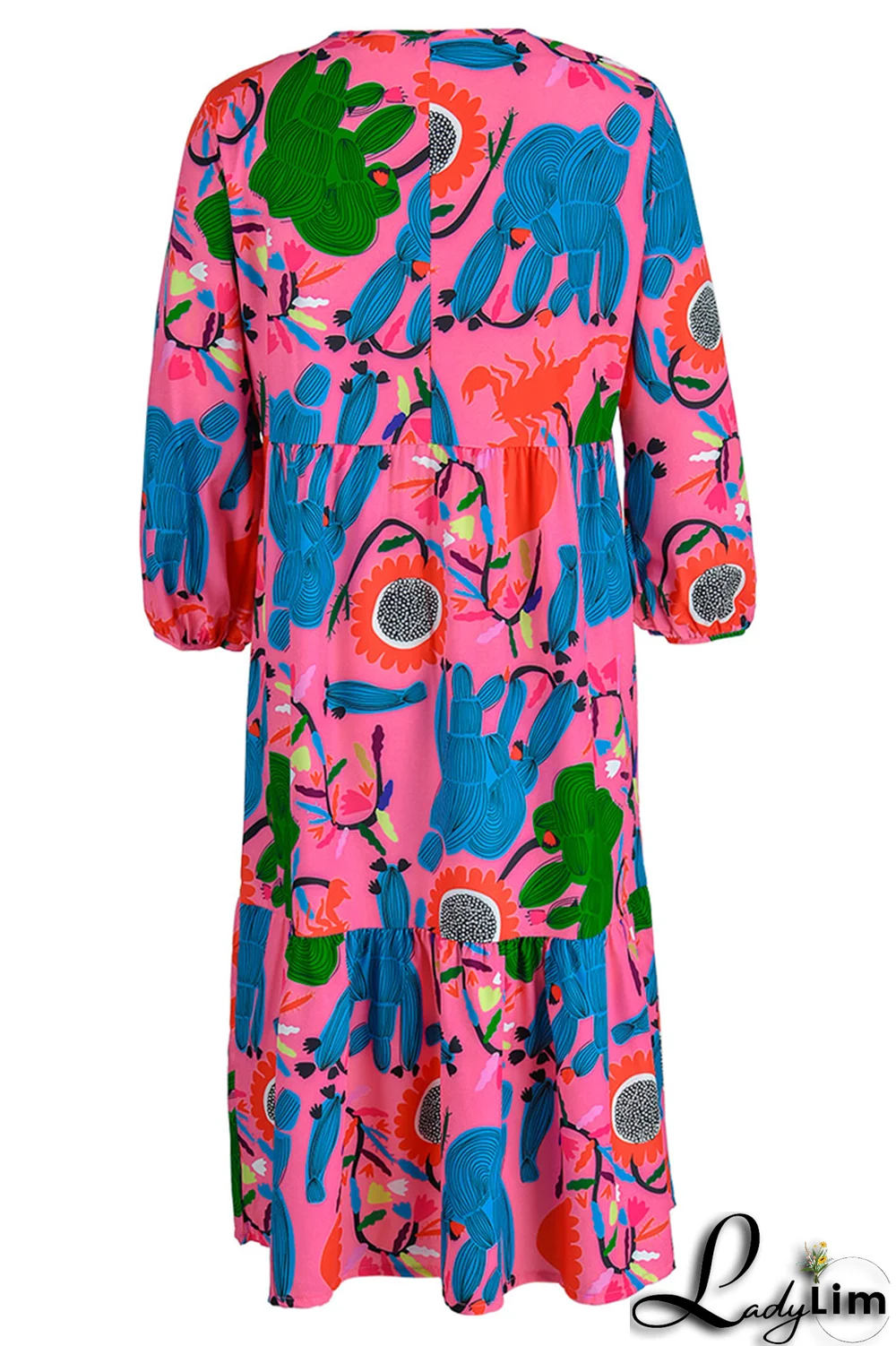 Rose Red Casual Print Draw String O Neck Cake Skirt Dresses