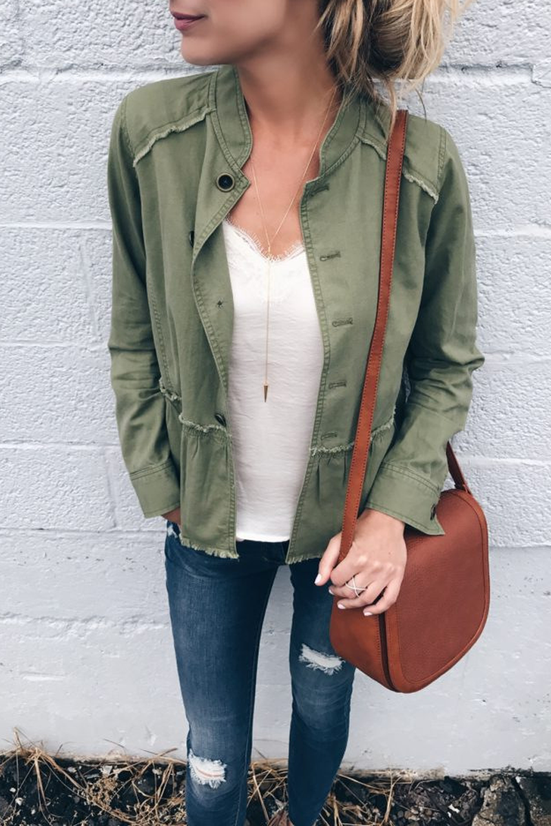 Solid Button Stand Collar Coat