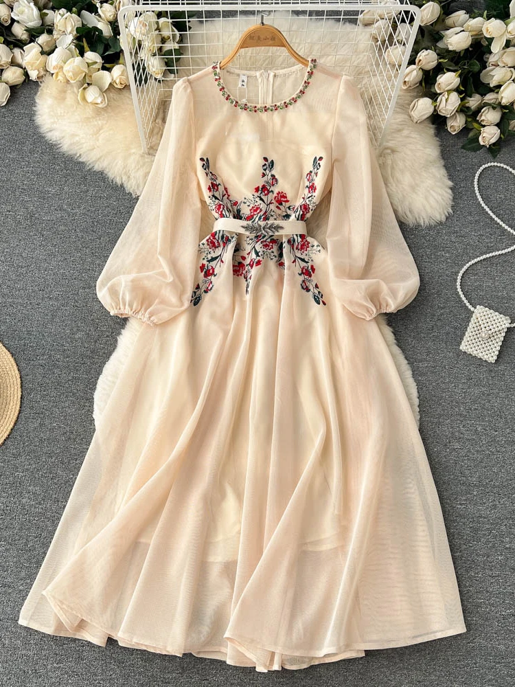 Krillerbot Women Vintage Party Long Dress Spring Autumn Round Necked Diamond Studded Bubble Long Sleeved A-line Dress Elegant Long Dresses