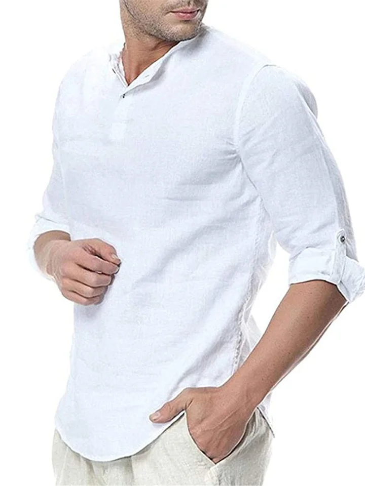 Men's Casual Cotton Linen Solid Color Long-sleeved Shirt Loose Stand-up Collar Shirt White Beige Khaki Brown Pink