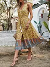 V-Neck Sleeveless Floral Print Split-Front Loose Midi Dress