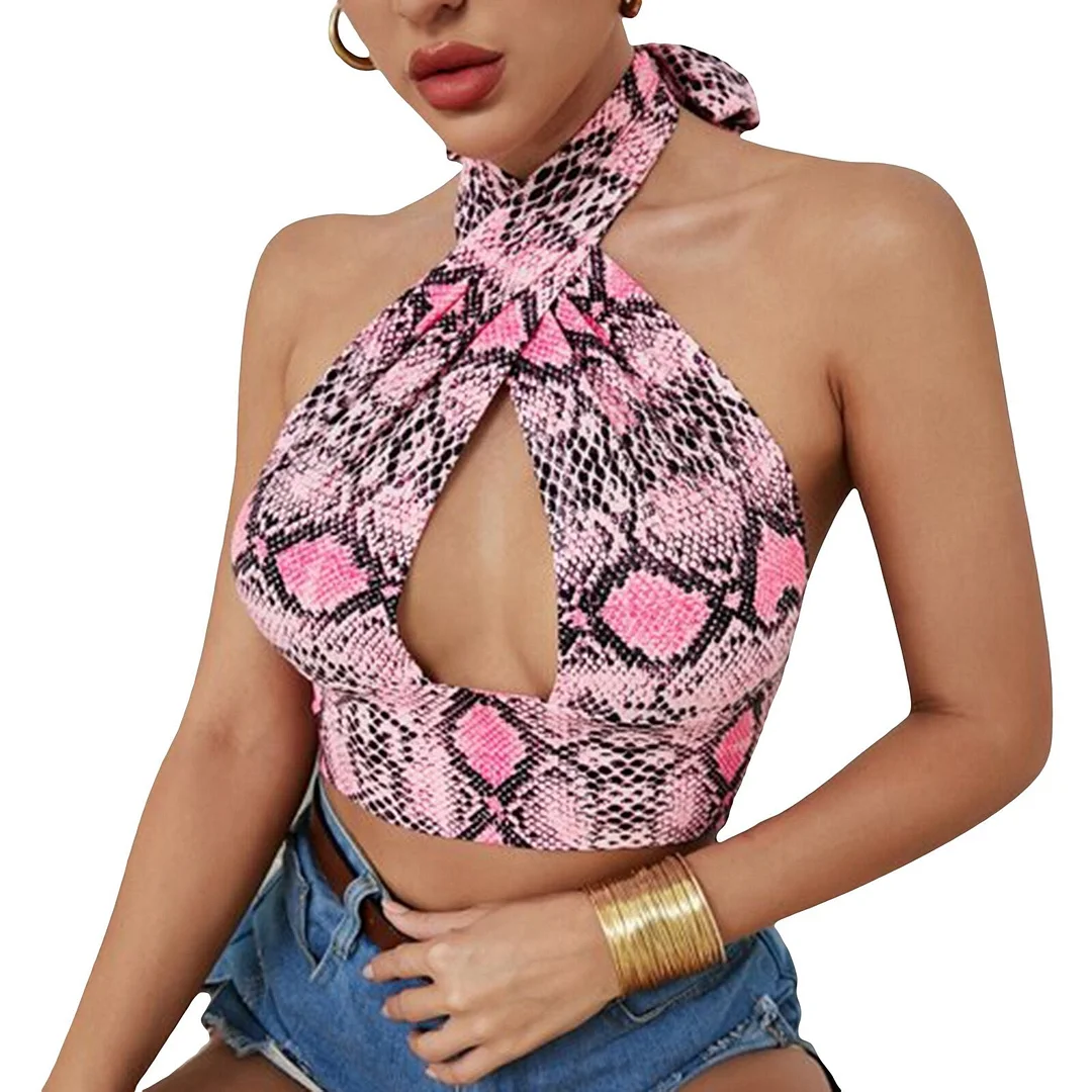wsevypo Sexy Backless Tie Up Tube Tops Women Cross Halter Cutout Crop Tops Summer Leopard/Zebra Striped Print Tank Tops